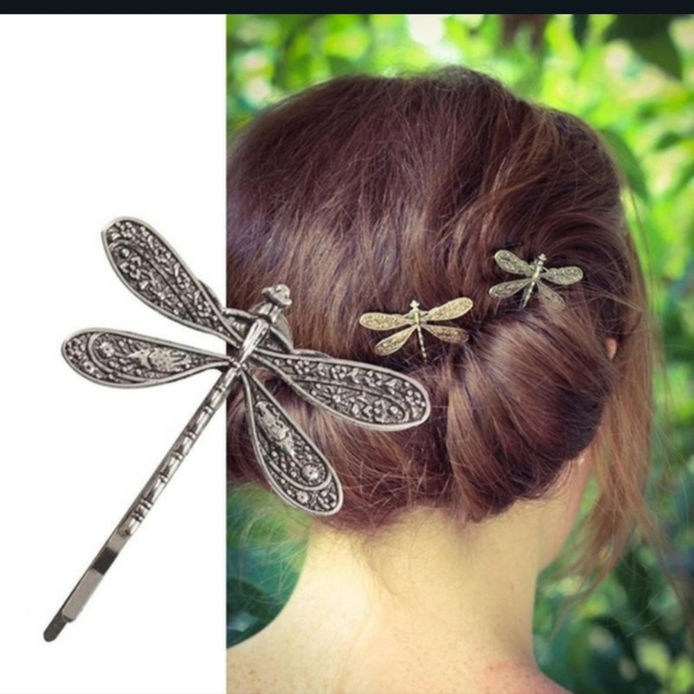 HP!! NWT Set of Two Adorable Boho Silver Dragonfly Hair Clips/Bobby Pins! - Picture 5 of 13